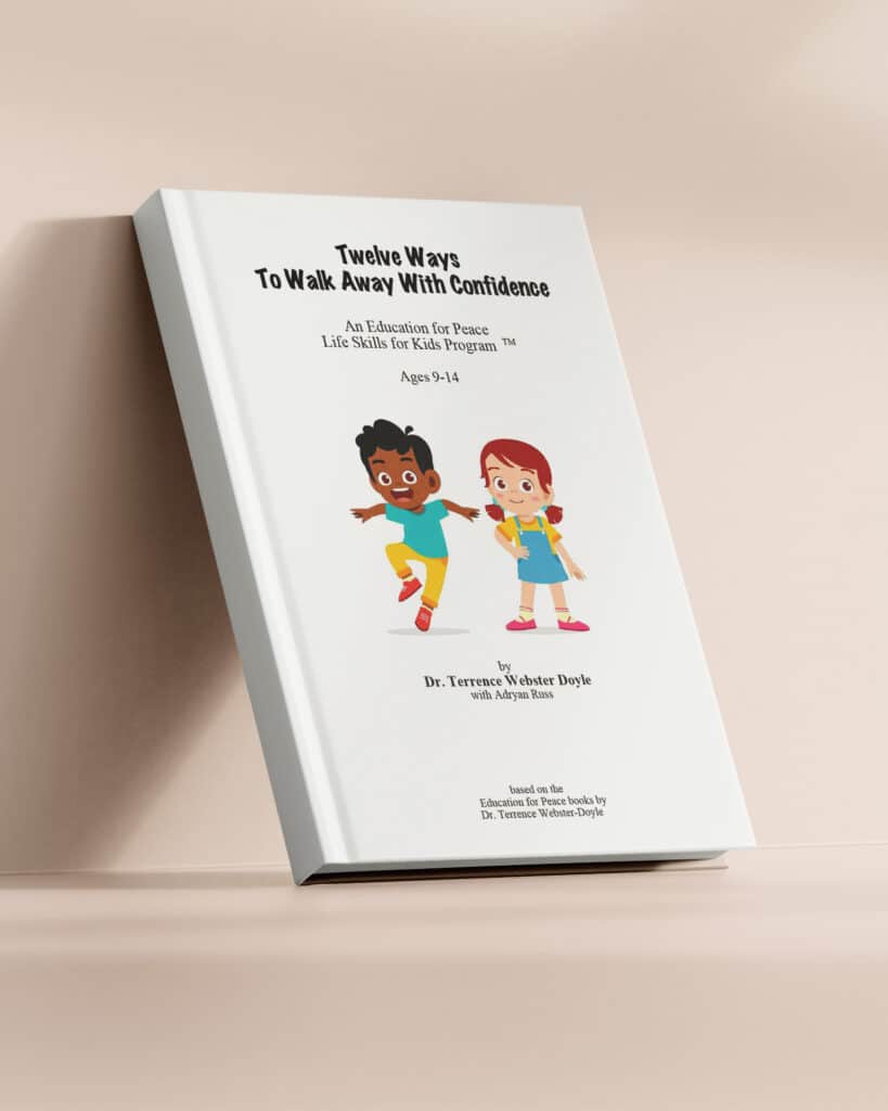 Book cover of "Twelve Ways To Walk Away With Confidence," a life skills program for kids ages 9-14 by Dr. Terrence Webster Doyle with cartoon illustrations of a boy and girl.