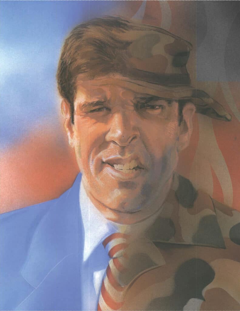 Illustration of a man half wearing a blue business suit and half in camouflage military uniform with a camouflage cap.