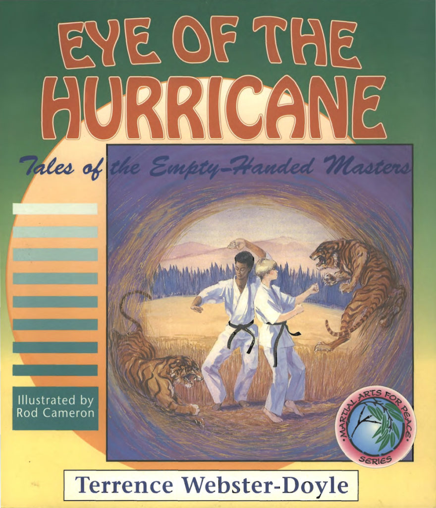 Book cover of "Breaking the Chains of the Ancient Warrior: Tests of Wisdom for Young Martial Artists" by Terrence Webster-Doyle, illustrated by Rod Cameron, featuring martial artists and a moonlit water scene.