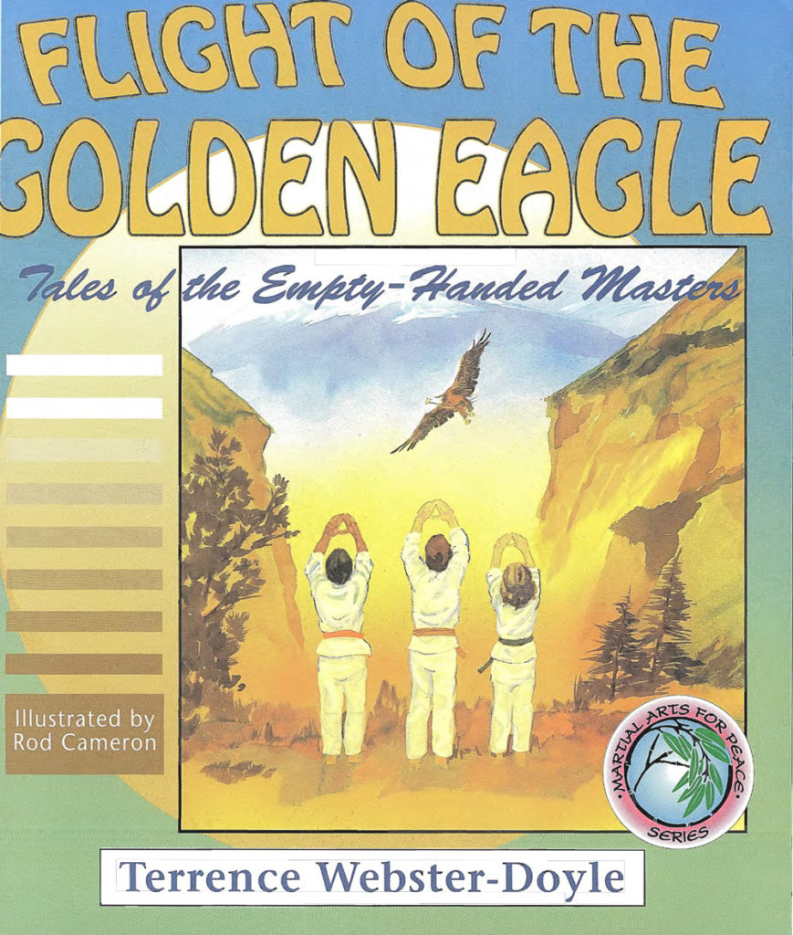 Book cover of "Flight of the Golden Eagle: Tales of the Empty-Handed Masters" illustrated by Rod Cameron, featuring three martial artists raising arms toward a flying golden eagle in a mountainous landscape.