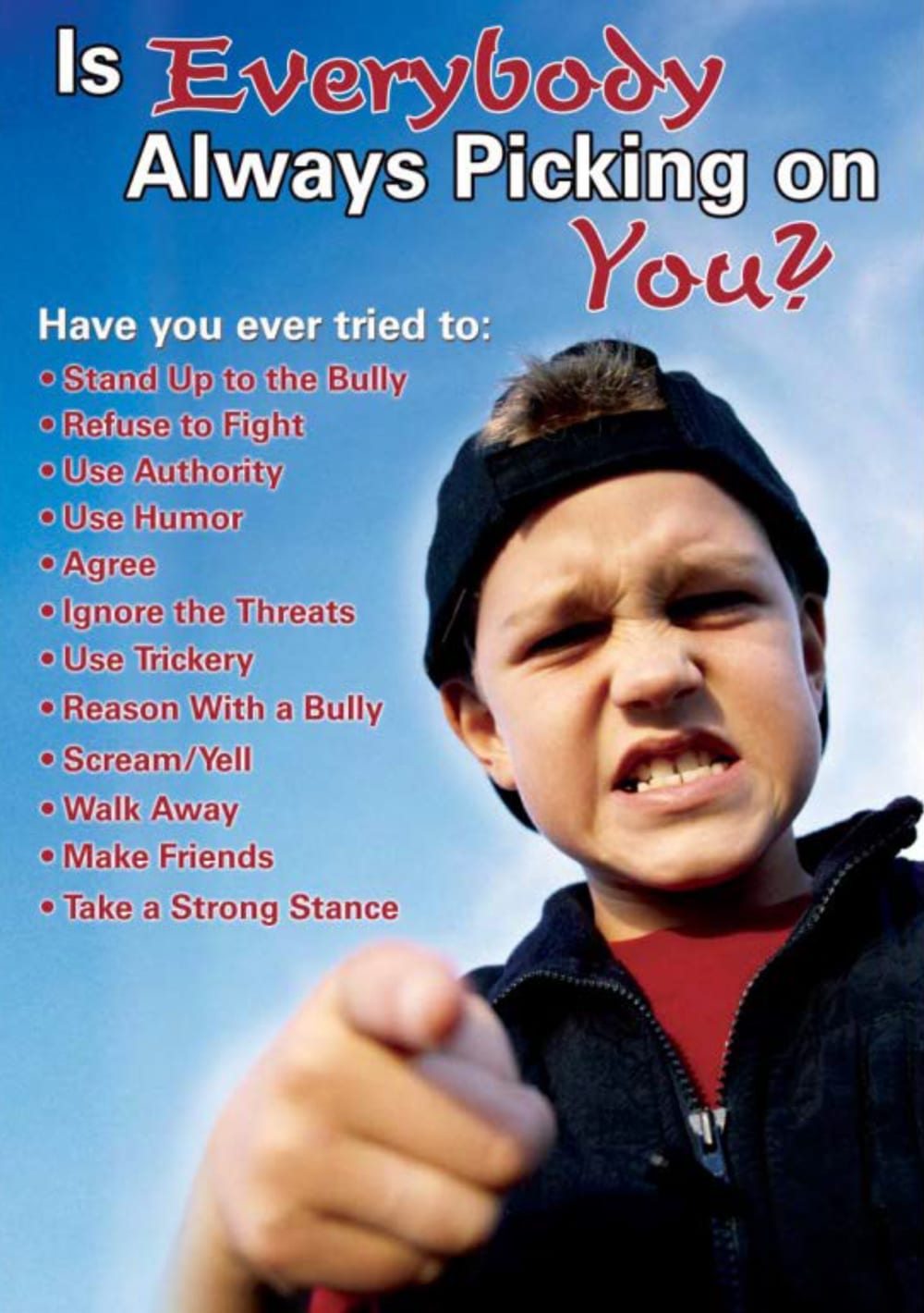 Alt text: Angry boy wearing a backward baseball cap pointing forward with text about dealing with bullying and strategies to handle bullies on a blue sky background.