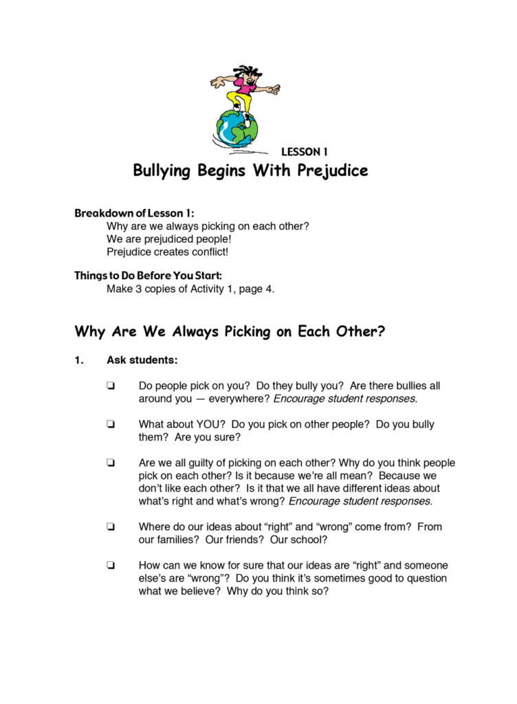 Lesson plan on bullying emphasizing the connection between prejudice and conflict, featuring discussion questions for students to explore the reasons behind bullying behavior and the origins of their moral beliefs.