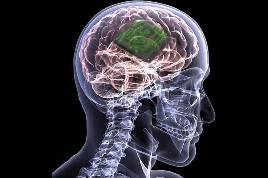 Illustration of a human skull and brain with a digital circuit board superimposed, symbolizing the intersection of neuroscience and technology, highlighting concepts of artificial intelligence and brain-computer interfaces.