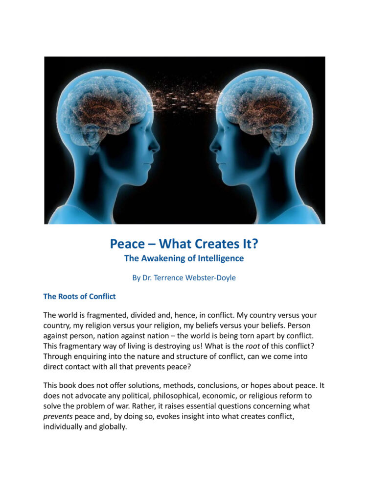 Illustration of two human heads with glowing brains facing each other, symbolizing the exploration of conflict and the quest for peace, as discussed in the book "Peace – What Creates It? The Awakening of Intelligence" by Dr. Terrence Webster-Doyle.