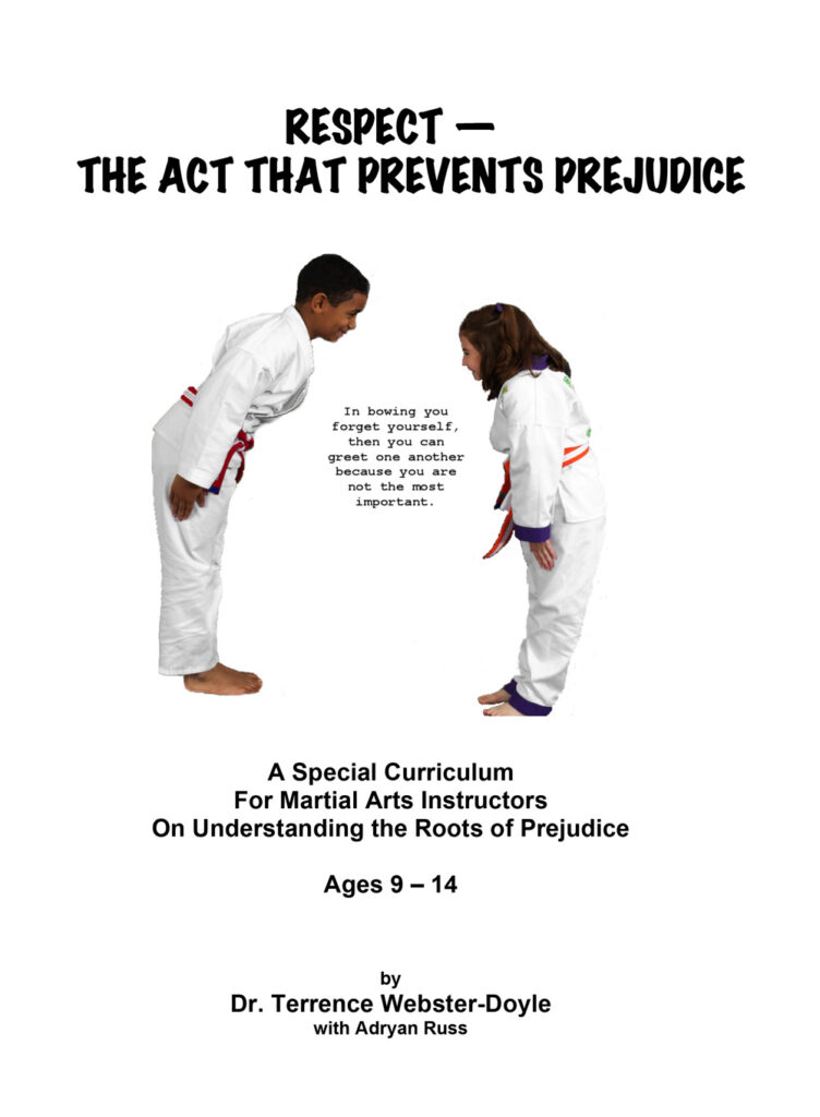 Two children in martial arts uniforms bowing to each other with text about respect preventing prejudice and a special curriculum for martial arts instructors aged 9-14.