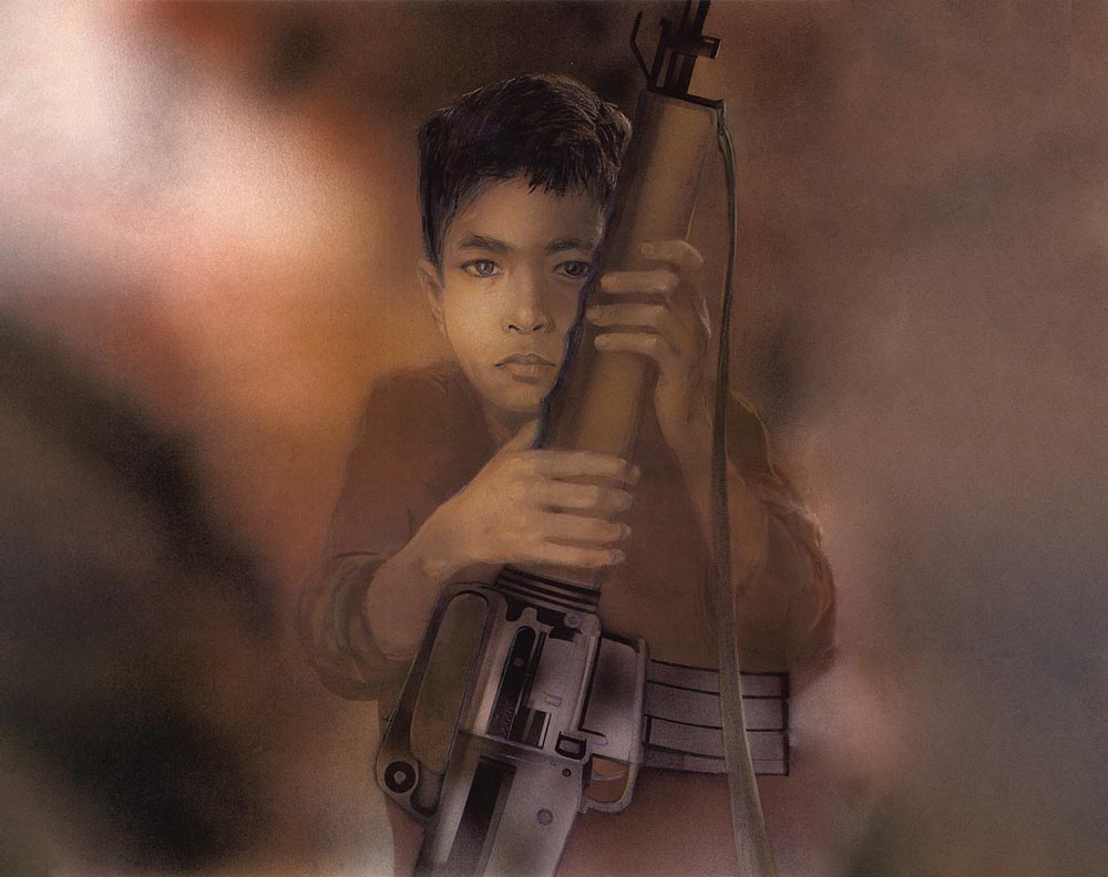Illustration of young male child soldier holding a large gun.